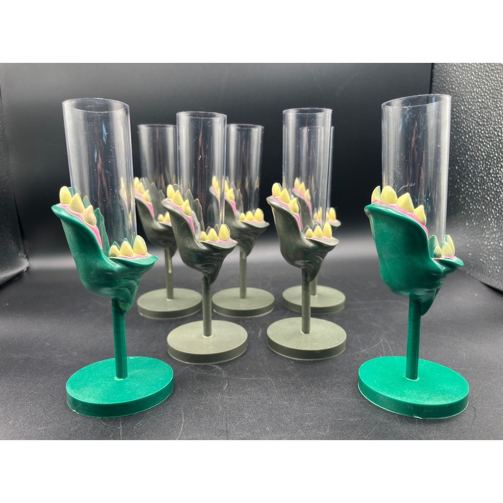 7pc Monster Mouth Champagne Flutes Novelty Green Creature Teeth Party Barware